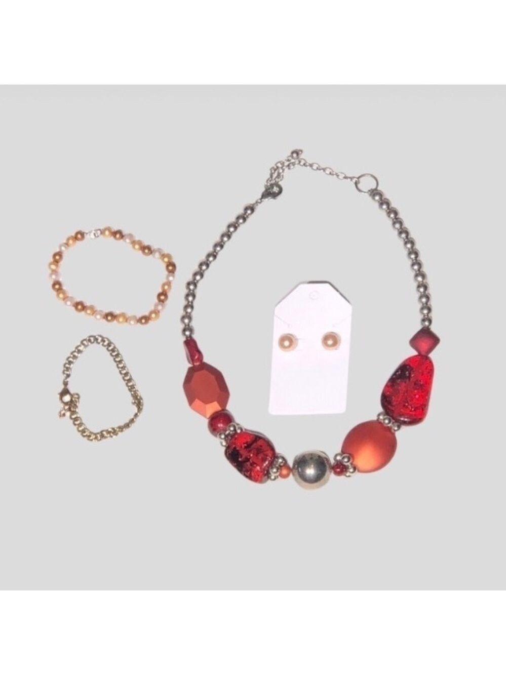 Red Beaded Jewelry Set Necklace Bracelets Earrings